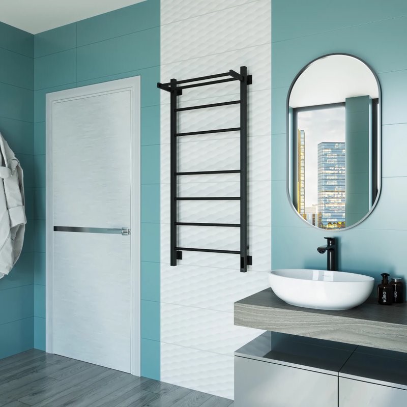 Полотенцесушитель электрический Grota Alto 530х1200 RAL9005 EL 120x55 см, подключение справа, слева, скрытое подключение справа, матовый черный, лесенка, из стали, с полкой