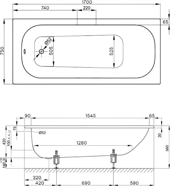 Стальная ванна Bette Form 175x75 см, встраиваемая, белая, на ножках, с антискользящим покрытием, с шумоизоляцией
