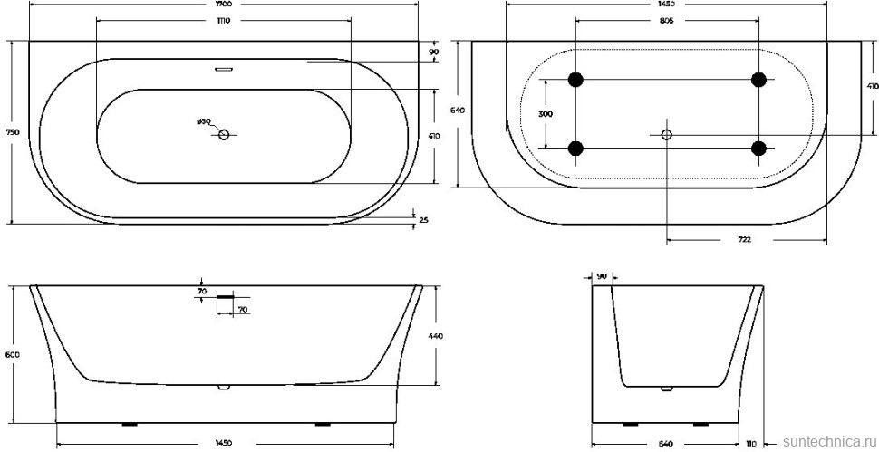 Акриловая ванна BelBagno BB711-1700-750 170x75 см, пристенная, белая, овальная, со сливом-переливом, с донным клапаном