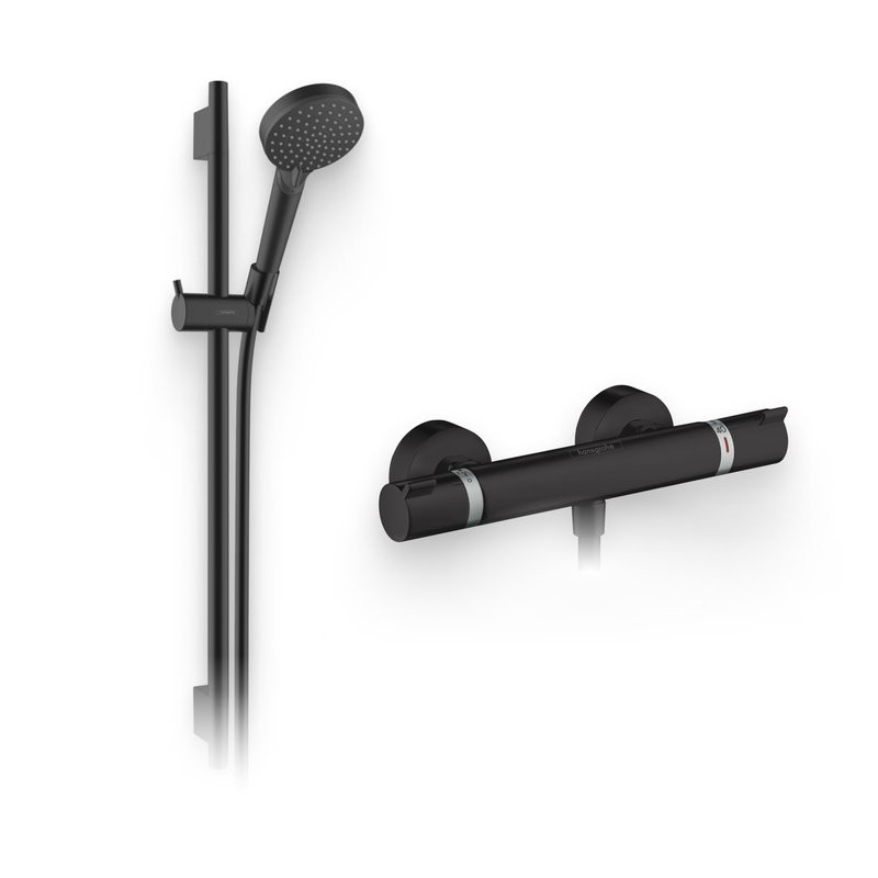 Душевой комплект Термостат Hansgrohe Ecostat Comfort 13116670 для душа, матовый черный + Гарнитур Vernis Blend 26422670 матовый черный