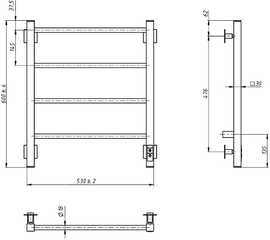 Полотенцесушитель электрический Grota Simple K 530х600 NM EL 60x55 см, подключение справа, слева, скрытое подключение справа, матовый хром, лесенка