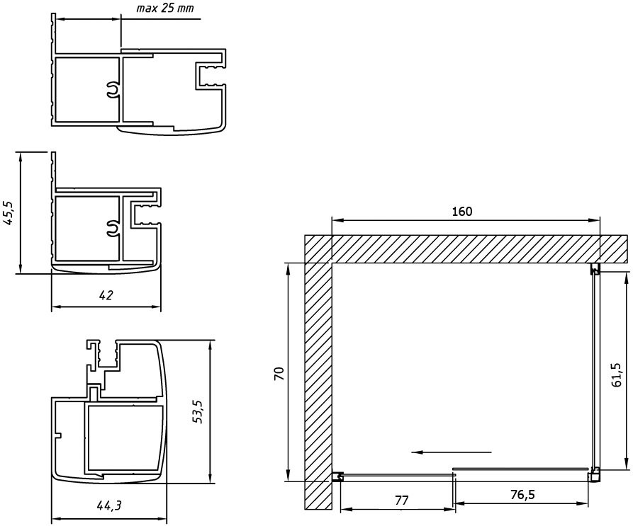 Душевой уголок Vegas Glass ZP+ZPV NOVO 160*70 03 01 профиль золото матовое, стекло прозрачное
