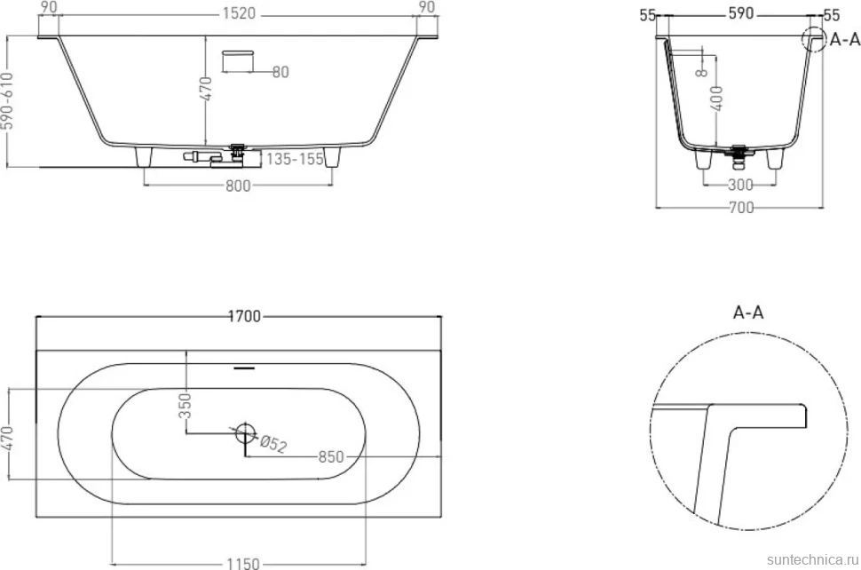 Ванна из искусственного камня Salini Ornella Axis Kit S-Sense 170x70 см на ножках,  клапаном