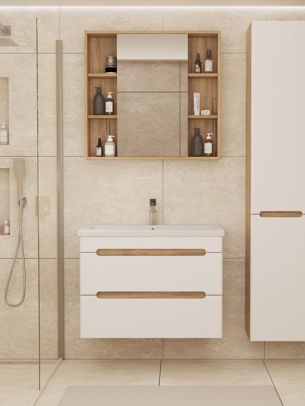 Мебель для ванной комнаты SanStar Diva 80 подвесная, матовая белая, дуб вотан, раковина Moduo 80