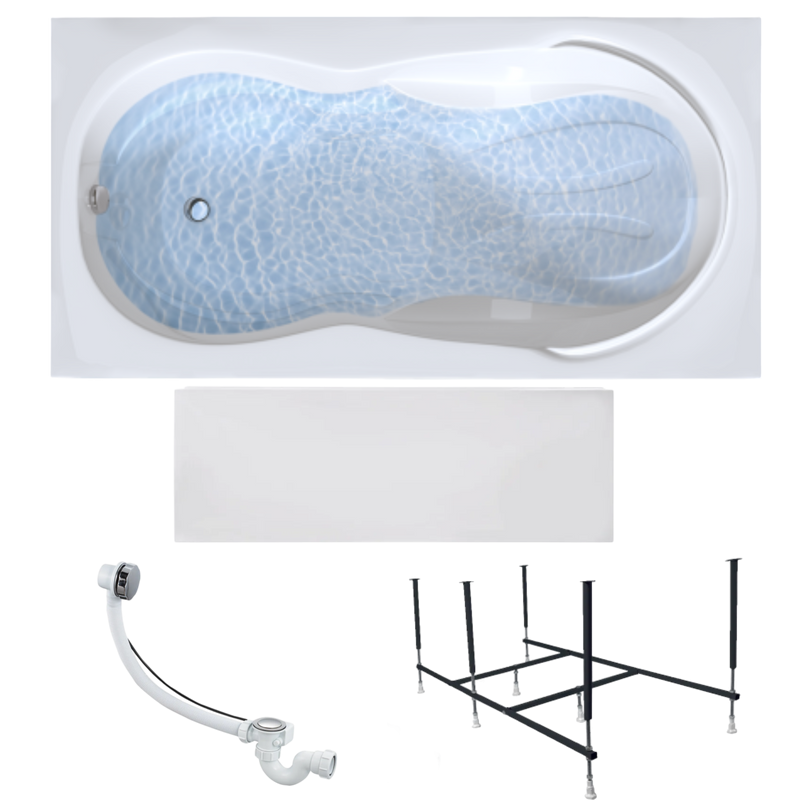 Акриловая ванна 1MarKa Taormina Премиум 180x90 см, пристенная, белая, с каркасом, с экраном, со сливом-переливом