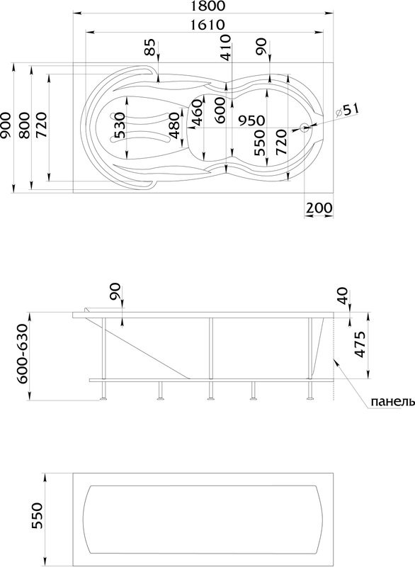 Акриловая ванна 1MarKa Taormina Премиум 180x90 см, пристенная, белая, с каркасом, с экраном, со сливом-переливом