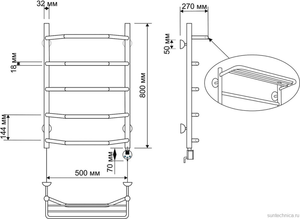 Полотенцесушитель электрический Secado Агата 3 85x55 см, подключение справа, бронза, лесенка, латунь, с полкой