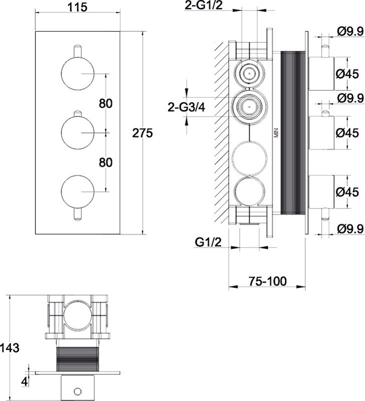 Термостатический смеситель встраиваемый WHITECROSS Y Y1238GM С ВНУТРЕННЕЙ ЧАСТЬЮ, для ванны с душем, оружейная сталь