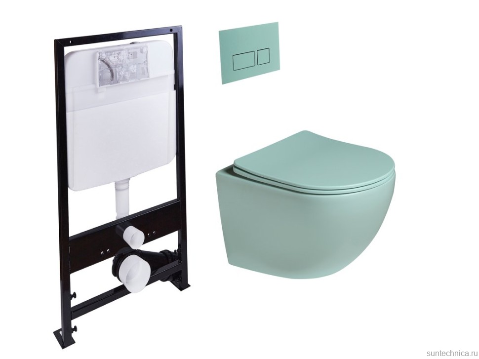 Комплект Унитаз подвесной SantiLine SL-5103 безободковый, с микролифтом, светло-зеленый матовый + Инсталляция SantiLine SL-01 с кнопкой смыва светло-зеленой матовой