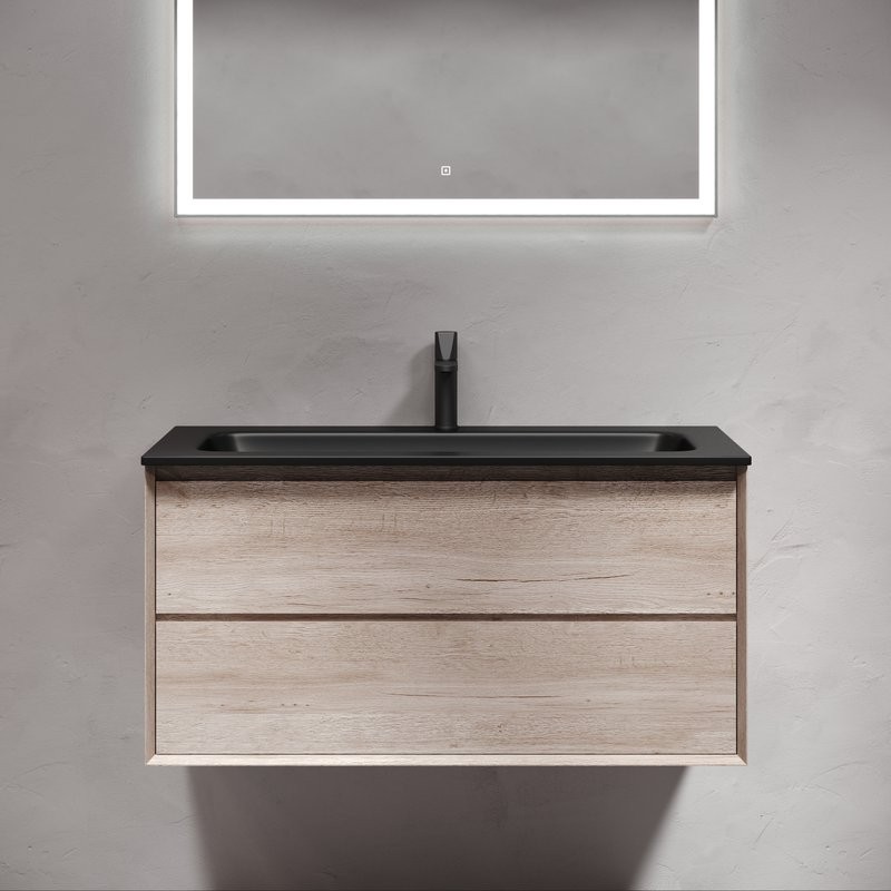 Мебель для ванной комнаты Sancos Marmi 2.0 100 черная раковина, дуб галифакс натуральный