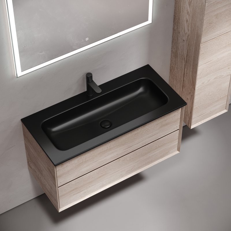 Мебель для ванной комнаты Sancos Marmi 2.0 100 черная раковина, дуб галифакс натуральный