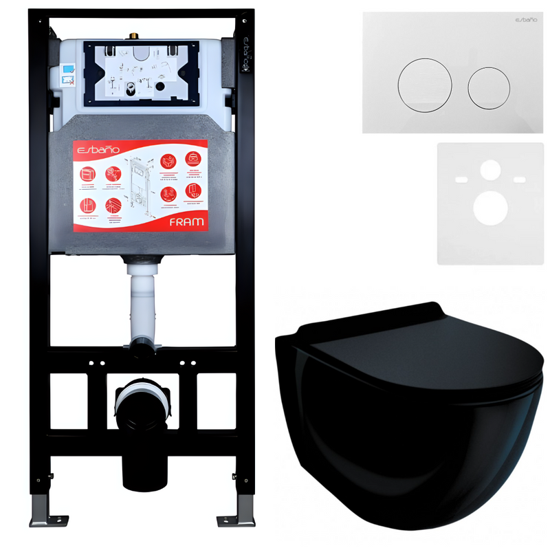 Комплект Унитаз подвесной Esbano Garcia ESUPGARCB черный глянец + Инсталляция Fram + Кнопка ESINSLM37GW