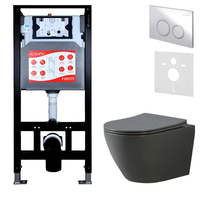 Комплект Унитаз подвесной Esbano Amapola ESUPAMAPGM матовый серый + Инсталляция Fram + Кнопка ESINKRG11SC