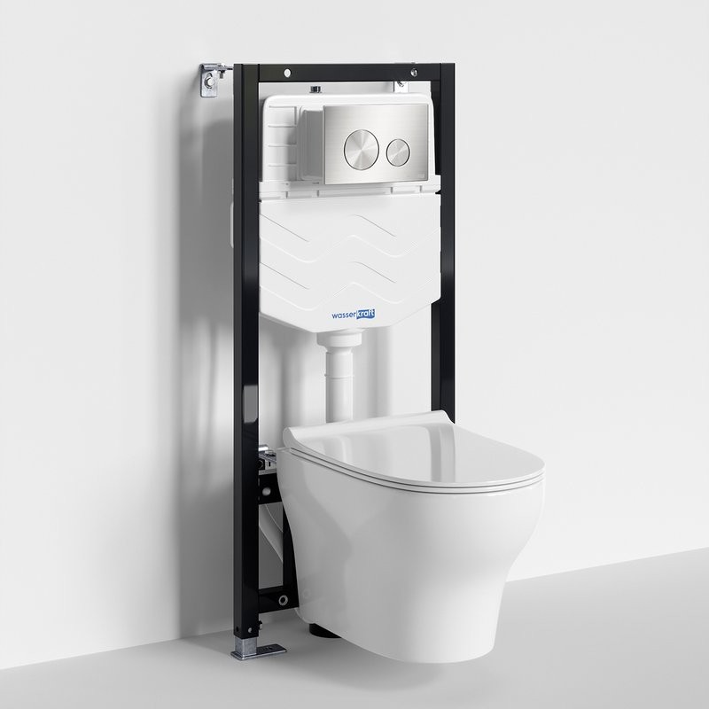 Комплект Унитаз подвесной WasserKRAFT Berkel H001 безободковый + Крышка для унитаза E034 + Система инсталляции для унитазов Aller 10TLT.010.ME + Кнопка смыва BN02
