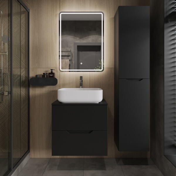 Мебель для ванной комнаты Orange Line 60 подвесная, 2 ящика, матовая черная с раковиной B05-500W