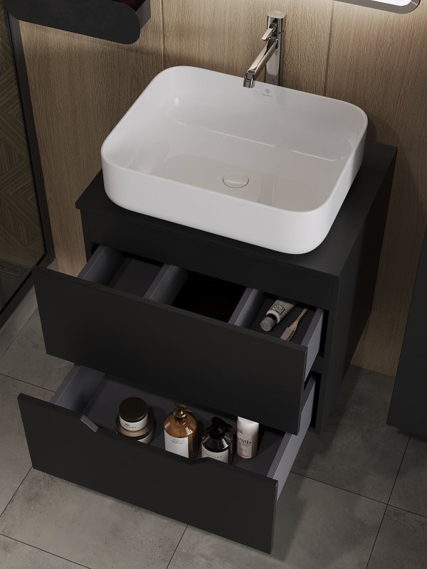 Мебель для ванной комнаты Orange Line 60 подвесная, 2 ящика, матовая черная с раковиной B05-500W