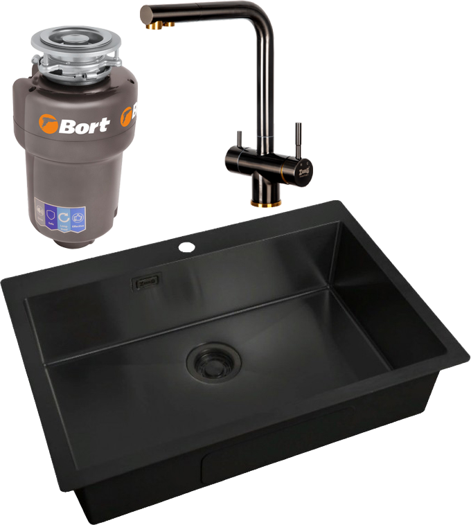 Комплект Мойка Zorg Light + Смеситель Inox SZR-7039 BR/GRAFIT бронза графит + Измельчитель Bort Titan Max Power FullControl