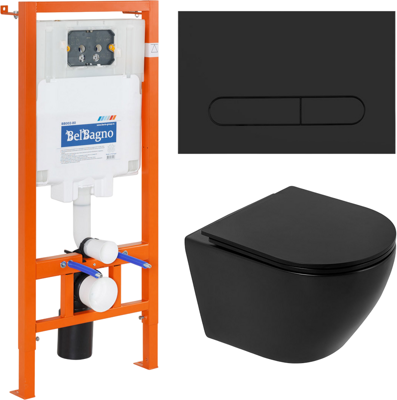 Комплект Унитаз подвесной BelBagno Olorato BB062CHR-MB крышка BB062SC-MB, безободковый, с микролифтом + Система инсталляции для унитазов BelBagno BB00