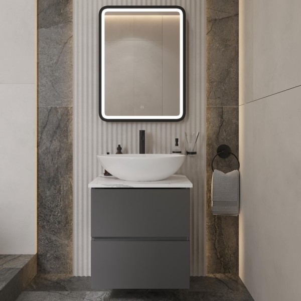 Мебель для ванной комнаты STWORKI Колдинг 60 антрацит, с раковиной Moduo 55 Leaf, столешница белая матовая