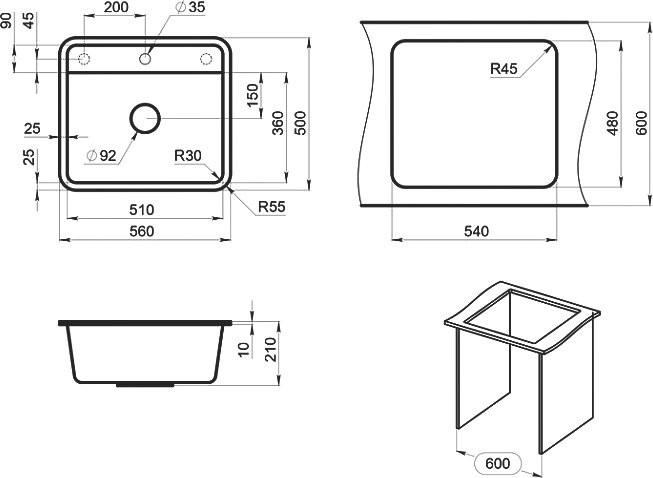Мойка кухонная Granula Standart 5601, графит