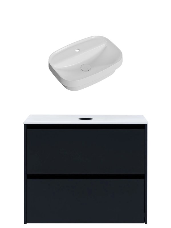 Тумба с раковиной Allen Brau Activity 80 с подсветкой, матовый антрацит, черный браш, столешница белая, раковина Fantasy Sphere 55x40, белая