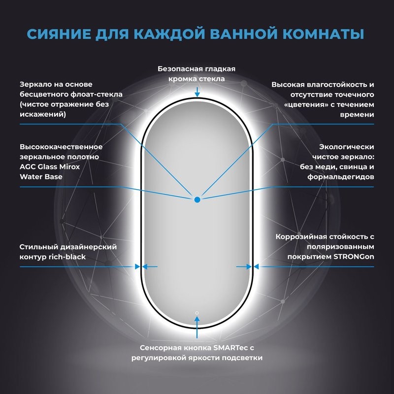Зеркало Wellsee 7 Rays’ Spectrum 50х90 овальное, с фронтальной подсветкой, черное матовое