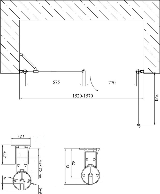 Душевая дверь в нишу Vegas Glass EP-F-2 155 05 01 R профиль бронза, стекло прозрачное