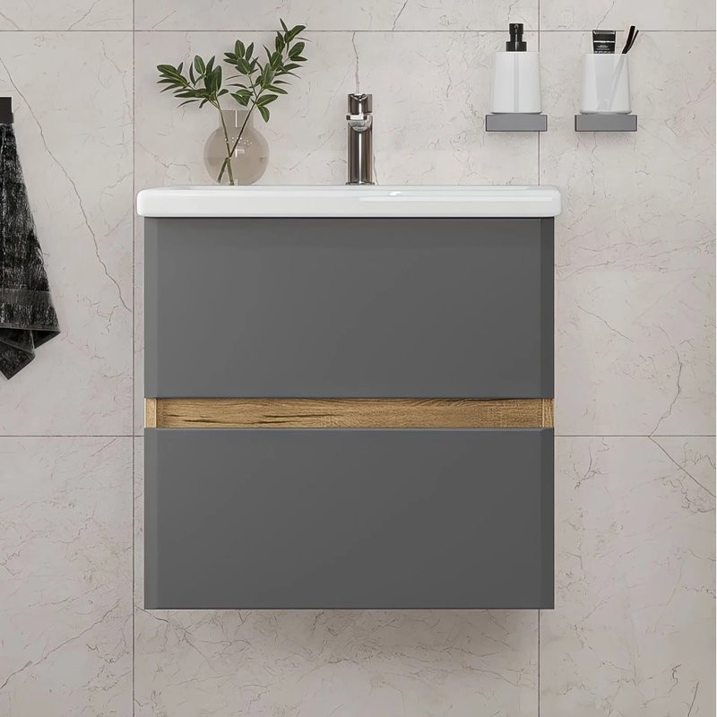 Тумба под раковину без столешницы SanStar Graffa 60 подвесная, дуб вотан, графит софт