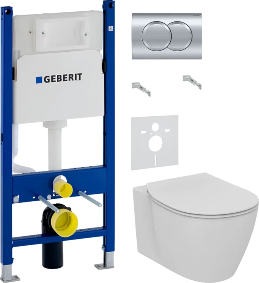 Комплект Унитаз подвесной Ideal Standard Connect AquaBlade E047901 + Крышка E772401 с микролифтом + Инсталляция Geberit Duofix Delta 458.149.21.1 с кнопкой смыва, хром + Звукоизоляция