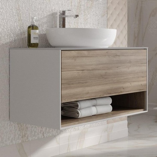 Тумба под раковину KERAMA MARAZZI Plaza Modern 100 подвесная, с ящиком и полкой, дуб орегон