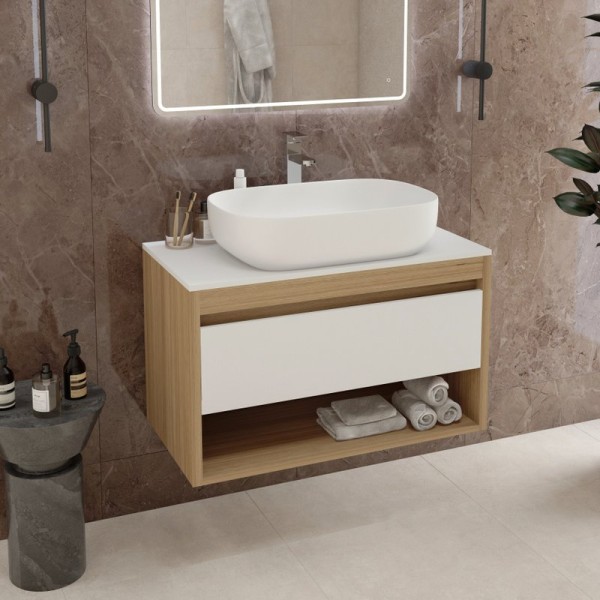 Тумба с раковиной Teymi Ritta 85 дуб эврика, матовая белая, раковина Solli 60