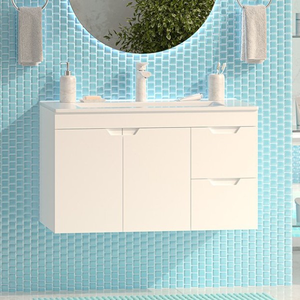 Тумба под раковину Misty Оптима 90 подвесная, белая, 2 ящика, 2 дверцы