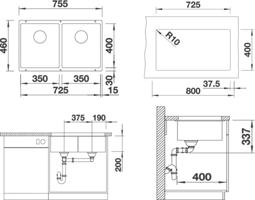 Комплект Мойка Blanco Subline 350/350-U черная + Смеситель Candor 523120