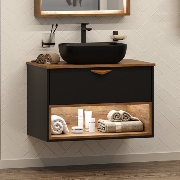Тумба под раковину Brevita Bergen 80 подвесная, с подсветкой, дуб галифакс олово, черный