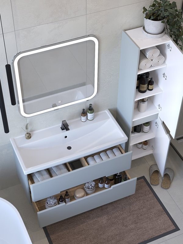 Мебель для ванной комнаты SanStar Ориана 100 подвесная, серая, раковина Kirovit Фостер 100