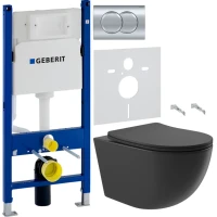 Комплект Унитаз подвесной Aqueduto Ovo OVO0140 безободковый, с микролифтом, черный матовый + Инсталляция Geberit Duofix Delta 458.149.21.1 с кнопкой смыва, хром + Звукоизоляция
