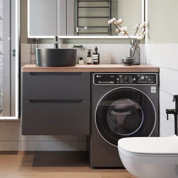 Тумба с раковиной STWORKI Берген 60 серая с темной столешницей 122, с раковиной на выбор, R