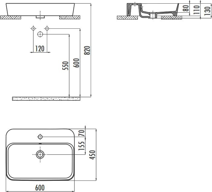 Накладная раковина Creavit Loop LP061-00CB00E-0000 60 глянцевая белая, прямоугольная, с 1 отверстием под смеситель