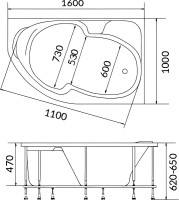 Акриловая ванна 1MarKa Diana R 160x100 см, угловая, правая, пристенная, белая, асимметричная, с каркасом, с сиденьем