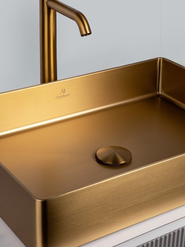 Накладная раковина AltroBagno Astro 001017 OrSp 51 матовое золото, прямоугольная, нержавеющая сталь