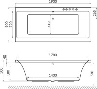 Акриловая ванна Excellent Pryzmat WAEX.PRY19.ULTRA 190x90 см, встраиваемая, с гидромассажем, белая, с каркасом, со сливом-переливом