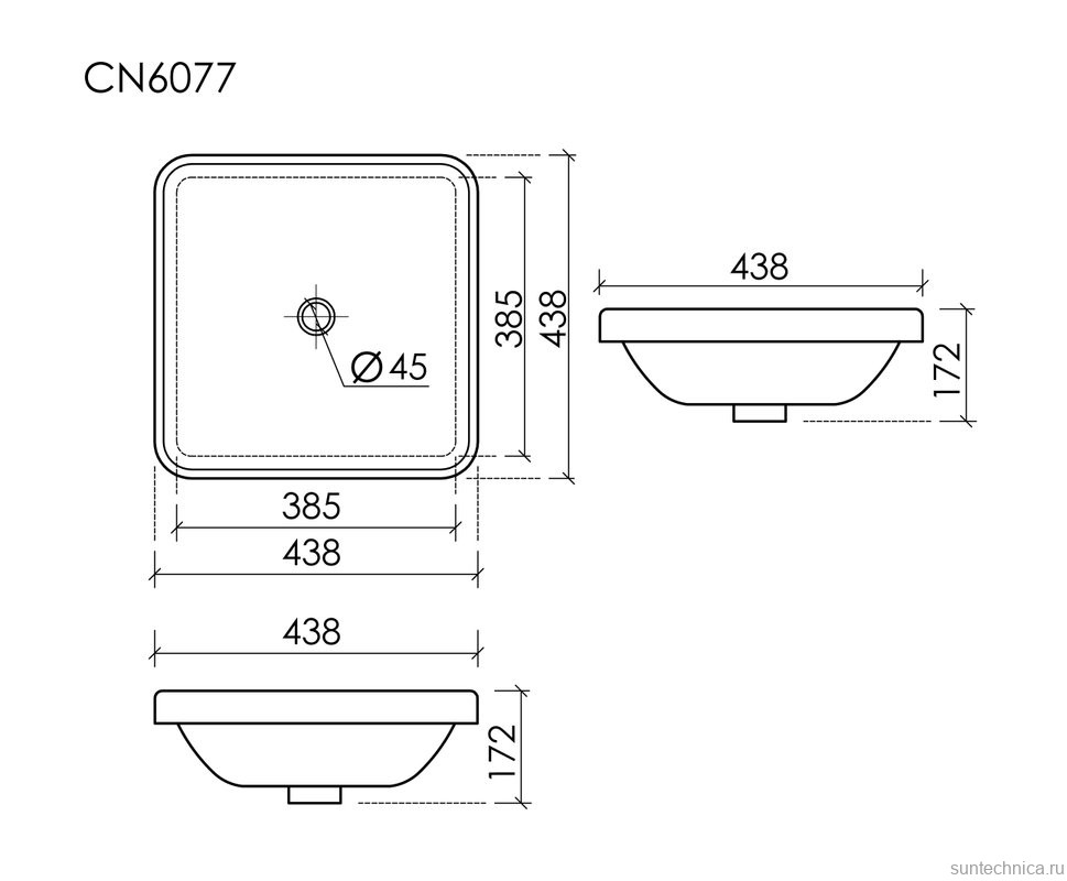 Раковина встраиваемая сверху Ceramicanova Element квадратная 438x438x172 мм с переливом цвет белый CN6077