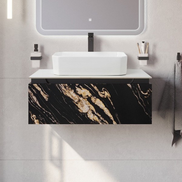 Тумба под раковину со столешницей Cezares Slider 80 подвесная, 1 ящик, черный фьюжн, со столешницей bianco opaco