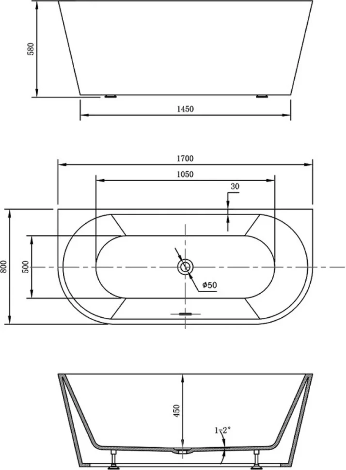 Акриловая ванна Vincea VBT-421-1700 170x80 см, пристенная, белая, овальная, на ножках, со сливом-переливом