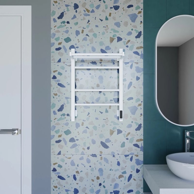 Полотенцесушитель электрический Grota Alto 430х600 RAL9016 EL 60x45 см, подключение справа, слева, скрытое подключение справа, матовый белый, лесенка, из стали, с полкой