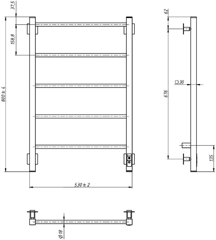 Полотенцесушитель электрический Grota Simple K 530х800 NM EL 80x55 см, подключение справа, слева, скрытое подключение справа, матовый хром, лесенка