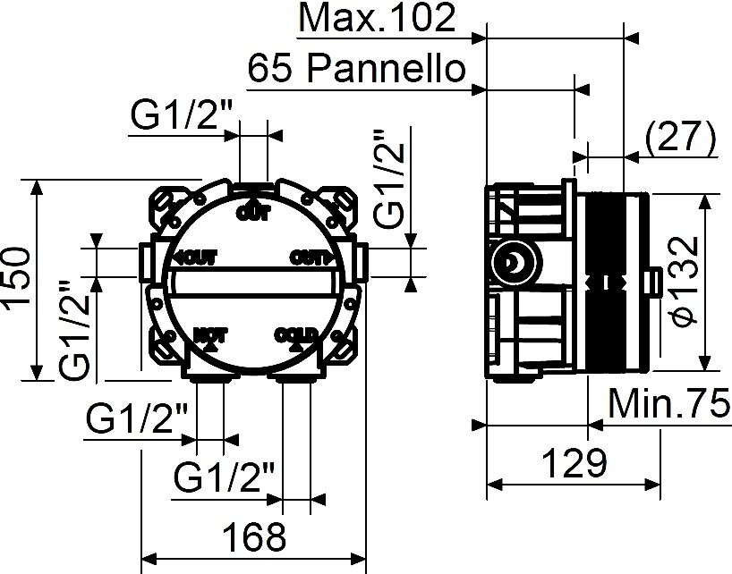 Термостатический смеситель встраиваемый Plumberia Selection PSBOX PSB1902NO С ВНУТРЕННЕЙ ЧАСТЬЮ, матовый черный