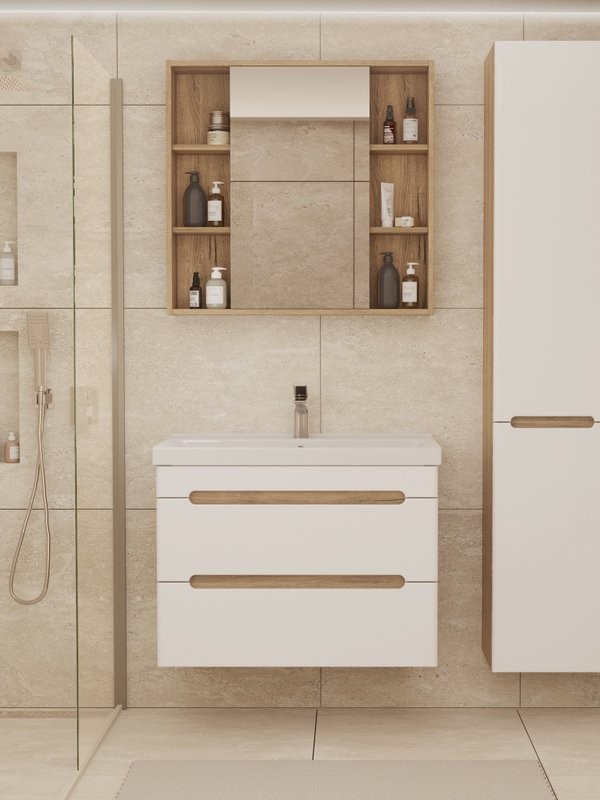 Мебель для ванной комнаты SanStar Diva 80 подвесная, матовая белая, дуб вотан, раковина Fest 80