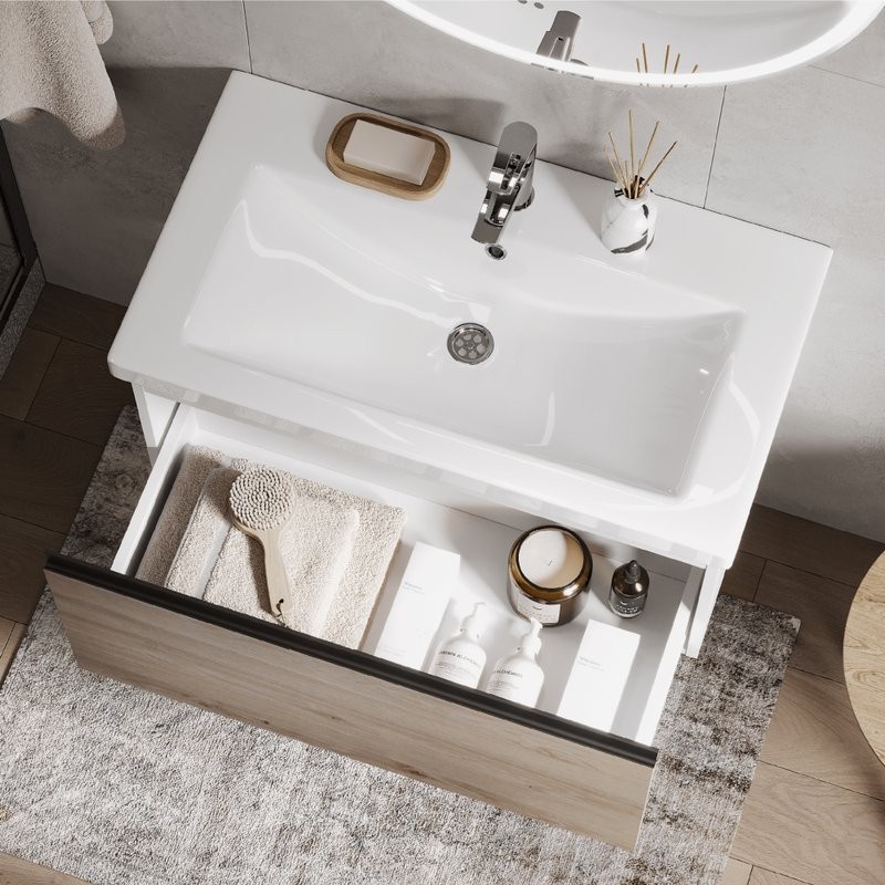 Тумба с раковиной Vigo Cross 80 подвесная, 1 ящик, светлое дерево