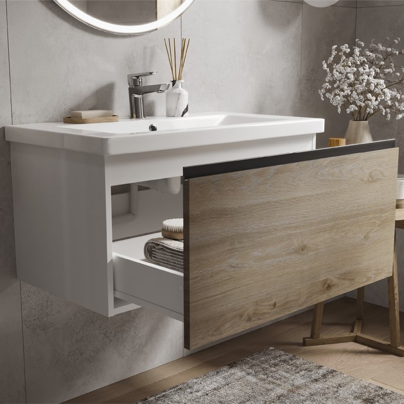 Тумба с раковиной Vigo Cross 80 подвесная, 1 ящик, светлое дерево